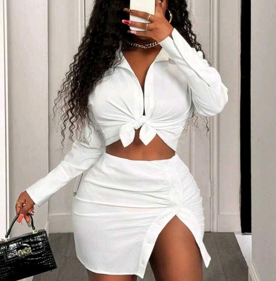 Women Solid Color Long Sleeve Shirt And A-Line Skirt Sets, Simple & Fashionable - Picture 1 of 4